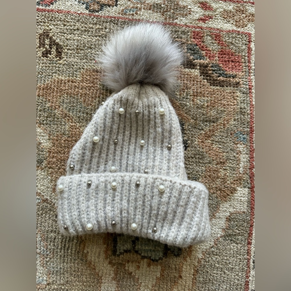 Vince Camuto Cream Knit Beanie with Pom Pom